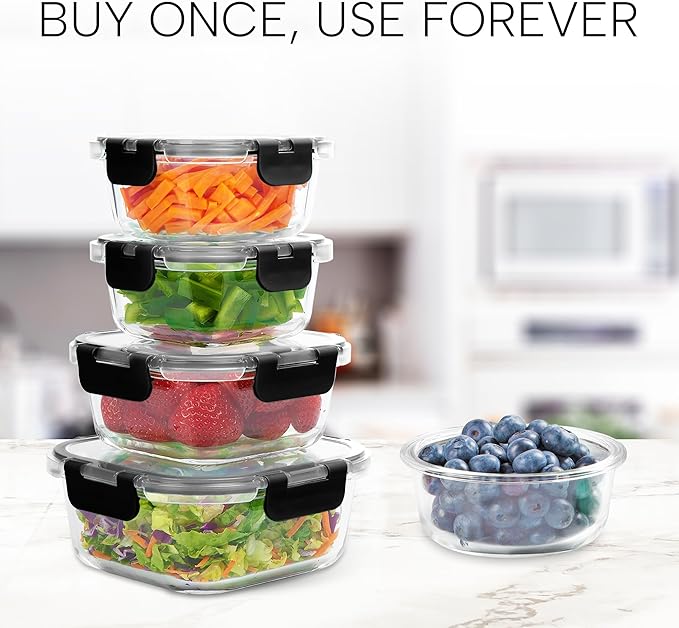 Zulay Kitchen 12 Pack Glass Meal Prep Containers with Lids - Airtight, Premium Borosilicate Glass Food Storage Containers - Microwave, Freezer & Oven Safe, BPA Free - Black