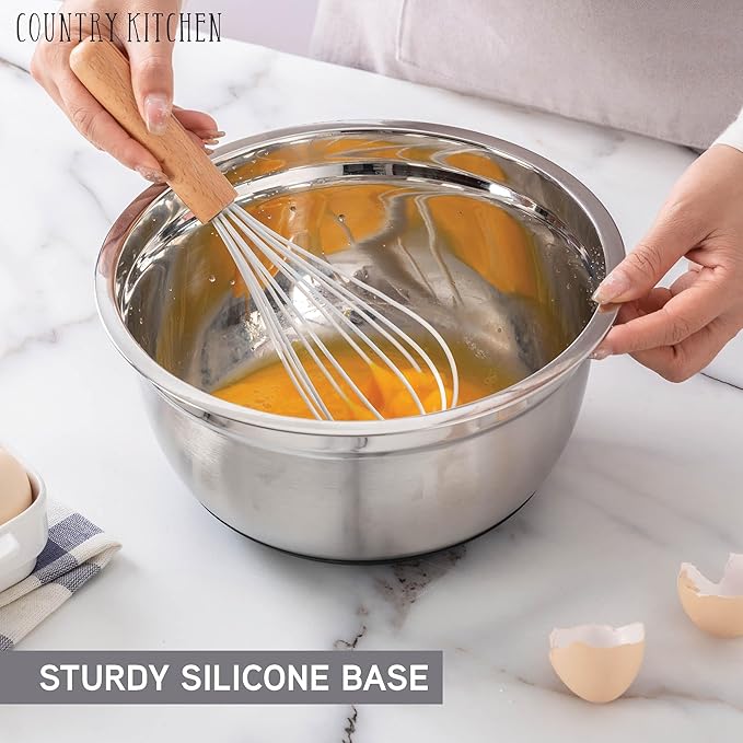 Country Kitchen Mixing Bowls with Airtight Lids - 12 piece Stainless Steel Metal Nesting Storage Bowls, Non-Slip Bottoms (Black)