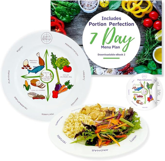Portion Perfection 2PK Portion Control Plate, 10″ MELAMINE Portion Plate for Weight Control, Includes 7-Day Low-Calorie Meal Plan, Ideal for Adults with Diabetes & Obesity