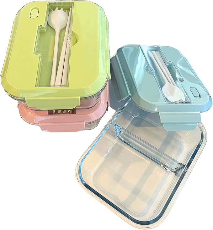 THY COLLECTIBLES Set of 3 36 OZ Glass Lunch Storage Containers with Lids and Utensils, Microwave Safe, Leak Proof, Freezer to Oven Safe for Meal Prep, Leftovers, Cooking, Bento Box (2 Compartments)