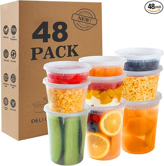 48Sets Deli Containers with Lids (8oz, 16oz, 32oz Each), Food Srorage Containers with Lids Airtight, Disposable Soup Containers with Lids, Microwave/ Freezer/ Dishwasher Safe, Leakproof, BPA Free