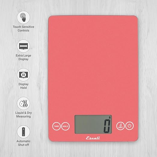 Escali Arti Glass Food Scale Digital Countertop Kitchen, Baking and Cooking Scale with Nutrition and Calorie Counter, 15-Pound Capacity, 9" x 6.5" x .75", Desert Rose