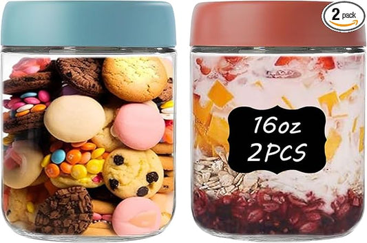 Glass Jars with Lids 2 Pack 16oz Overnight Oats Snack Pudding Yogurt Container Cereal Salad Meal Prep Portion Control Food Storage Cups Bowls Airtight with Stickers and Marker