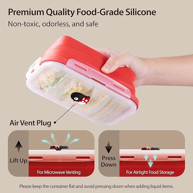 BONE Silicone Foldable Food Container, Collapsible Fresh Box with Clip-on Vent Plug Lid, Microwave & Dishwasher Safe Lunch Box for Meal Prep, Cute Cartoon Animal Airtight Storage (1200ml)