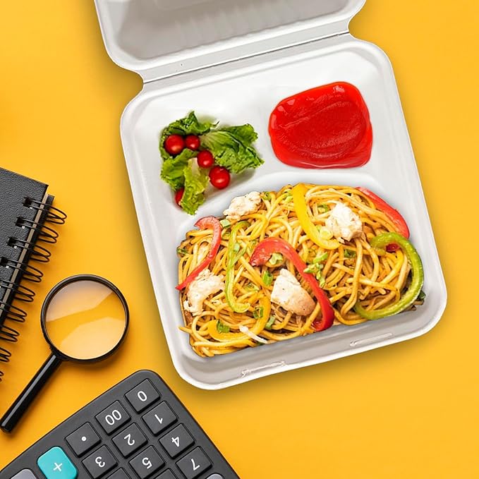 Verde Planet Clamshell Take Out Containers - 100% Natural Bagasse Sugarcane Fiber - Disposable Food Containers with Hinge Lids - Heavy-Duty To Go Boxes for Food - (8" X 8", 3-Compartment, 50-Pack)