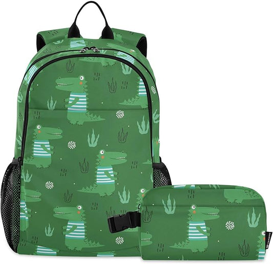 Emelivor Green Crocodiles Leave Kids Backpack for Girls Boys School Bookbag with Insulated Lunch Box for Hight Middle School Teen Girls Backpacks