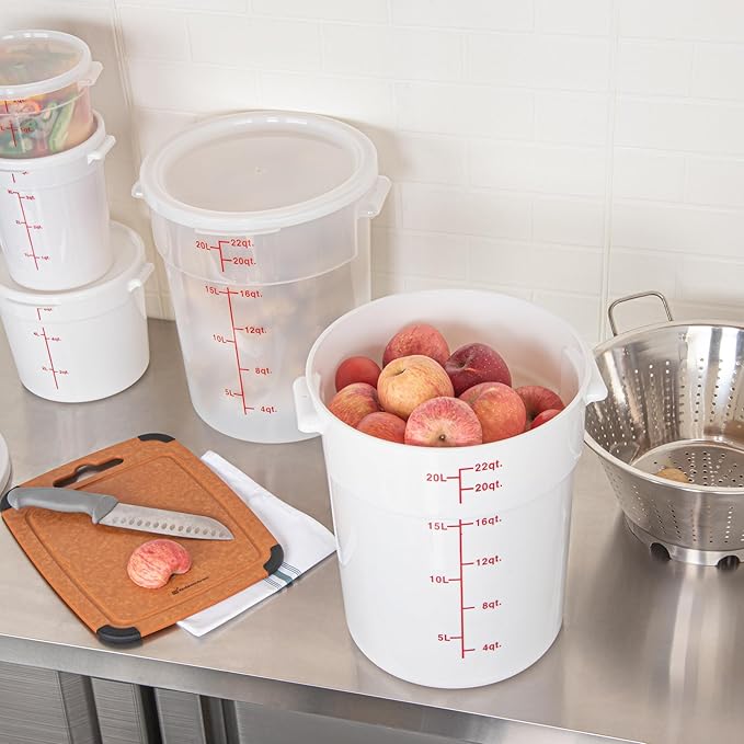 Restaurantware-Met Lux 22 Quart Food Storage Containers, 10 White Storage Containers - Lids Sold Separately, Red Volume Markers, Dishwashable Containers, Side Handles, For Storing Foods