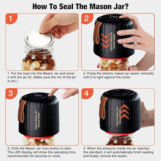 Electric Mason Jar Vacuum Sealer Kit, 4 in 1 Jar Vacuum Sealer for Mason Jars Jar Sealer Vacuum Sealing Machine for Food Storage Vacuum Bag Box Wine Bottle Wide Mouth and Regular Mouth Mason Jars