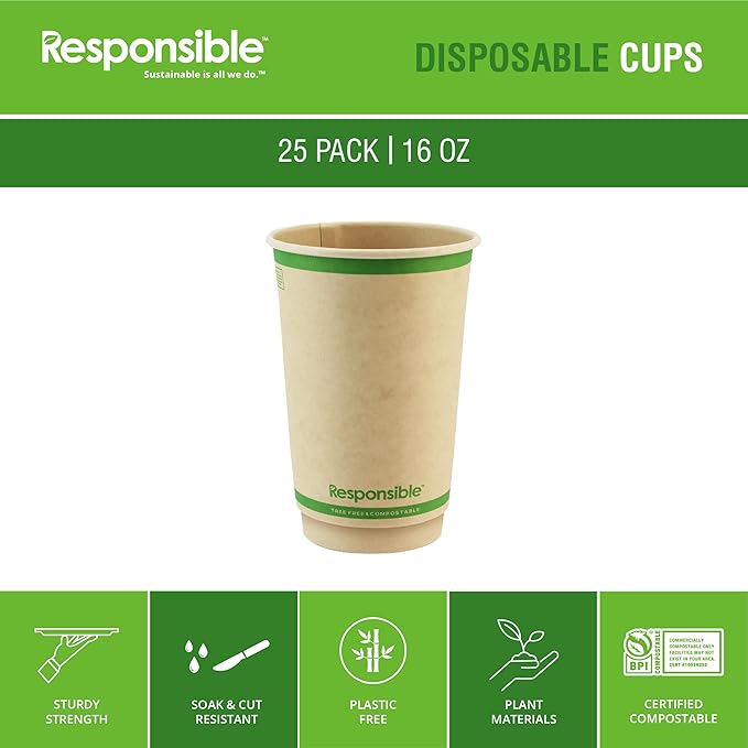 16 oz Double Wall Insulated Paper Coffee Cups (25 Count) – Smooth Wall Insulated To Go Coffee Cups - Natural Brown, Compostable, Eco-Friendly, Disposable Hot Beverage Cups