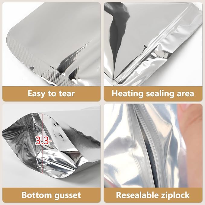 100 Pack 7 x 10 Inch Mylar Bags for Food Storage with Oxygen Absorbers 300CC(110Pcs) and Labels(120Pcs), 1 Quart Stand Up Resealable Mylar Bags(5mil Thickness)