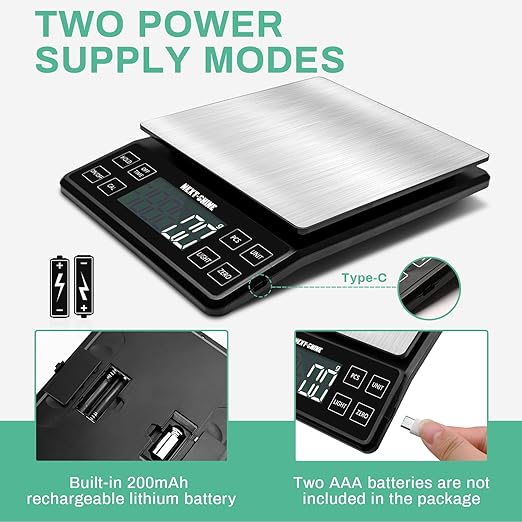NEXT-SHINE Kitchen Food Scale - 11lb/5kg, Rechargeable Digital Grams and Ounces for Cooking, Baking, Meal Prep, 0.1g/0.01oz Precise Graduation, 304 Stainless Steel Platform LCD Display