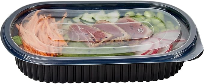RW Base 25 Ounce Meal Prep Containers, 50 Microwavable To Go Containers With Lids - Disposable, Freezable, Black Plastic Oval Food Containers, Pack Hot And Cold Food, For Takeaway - Restaurantware