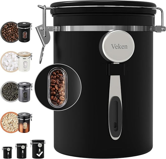 Veken 38oz Large Coffee Canister with Window, Airtight Stainless Steel, Kitchen Food Storage Container with Lids, Date Tracker and Scoop, Grounds Coffee Beans, Tea, Flour, Cereal, Sugar Jars, Black