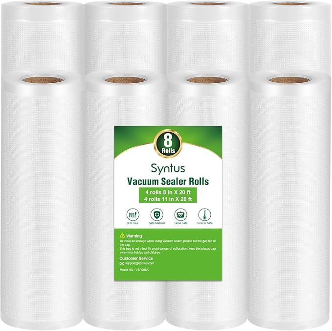 Syntus Vacuum Sealer Bags, 8 Pack 4 Rolls 11" x 20' and 4 Rolls 8" x 20' Commercial Grade BPA Free Bag Rolls, Food Vac Bags for Storage, Meal Prep or Sous Vide