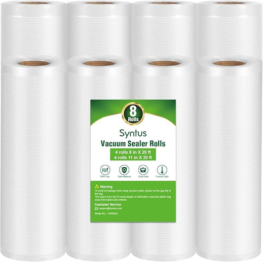 Syntus Vacuum Sealer Bags, 8 Pack 4 Rolls 11" x 20' and 4 Rolls 8" x 20' Commercial Grade BPA Free Bag Rolls, Food Vac Bags for Storage, Meal Prep or Sous Vide
