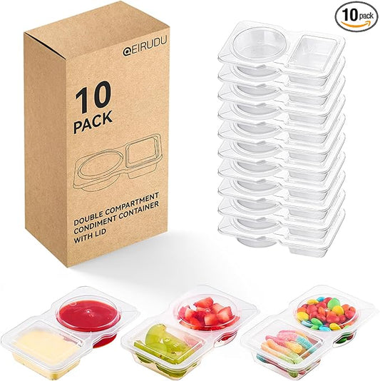 Qeirudu 10 Sets 4.5oz Reusable Plastic Snack Containers, Double Compartment Condiment Containers with Lids for Meal Prep, Dipping Sauce, Portion Control, Travel Snack
