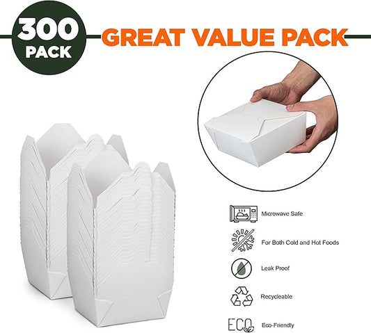 Fit Meal Prep 300 Pack 48 oz Paper Take Out Containers 6.8 x 5.5 x 2.5 - White Lunch Meal Food Boxes #8, Disposable Storage To Go Packaging, Microwave Safe, Leak Grease Resistant for Restaurant