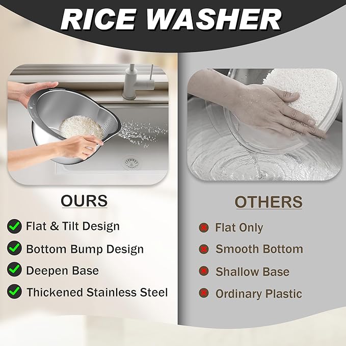 Rice Washer - Rice Cleaner Strainer Bowl - Rice Drainer Strainer - Fine Mesh Colander - Colander Bowl for Rice Veggie Fruit Beans, Funny Presents for Women - Silver