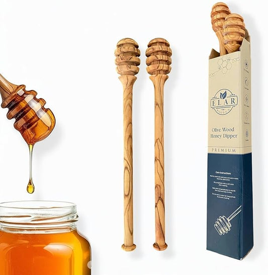 Set of 2 Olive Wood Honey Dippers, 7 Inch – Handcrafted Natural Wooden Honey Server – Food Safe