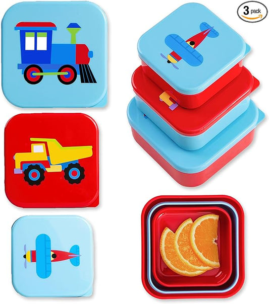 Wildkin Nesting Food Containers for Kids – Stackable, Airtight & Dishwasher Safe - Set of 3 - Trains, Planes & Trucks