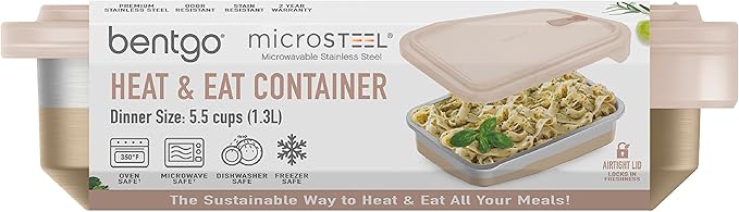Bentgo MicroSteel Heat & Eat Container - Microwave-Safe, Sustainable & Reusable Stainless Steel Food Storage Container with Airtight Lid for Eco-Friendly Meal Prepping (Dinner Size - 5.5 Cups)