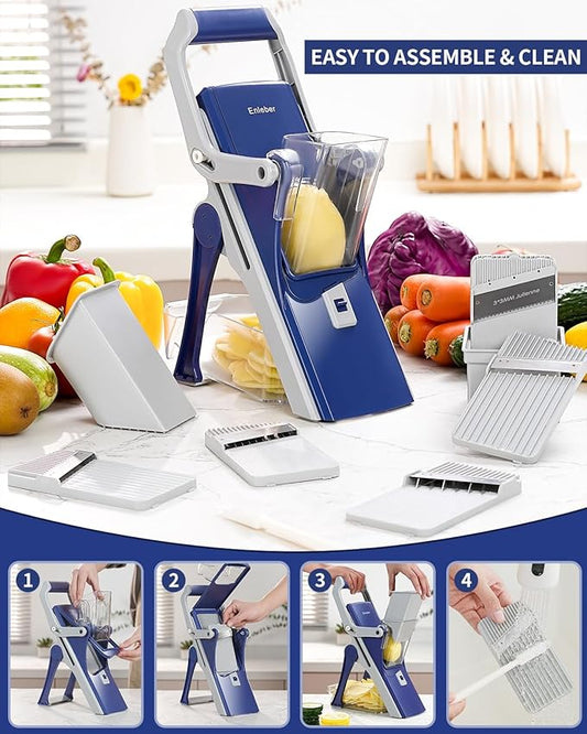 Safe Mandoline Slicer Upright Vegetable Chopper-Julienne Dicer for Kitchen, Potato Slicer, Adjustable Vegetable Cutter with Container, Multifunctional 6 in 1 Food Chopper (Dark Blue)