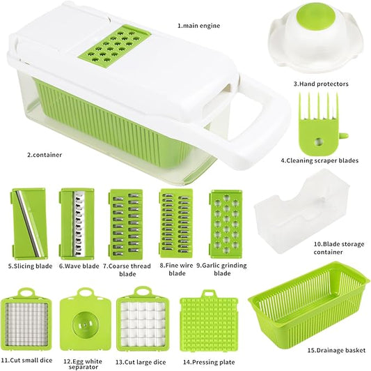 16 in 1 Vegetable Cutter and Mandolin Slicer - versatile food cutter, stainless steel blade, large container and - manual onion, garlic and salad cutter for kitchen use