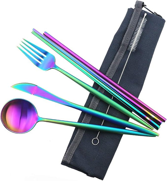 Reusable Travel Utensils, 7 Piece Portable 304 Stainless Steel including Knife Fork Spoon Chopsticks Cleaning Brush Straws Portable Pouch, Eco-friendly Camping Silverware Set, Dishwasher Safe