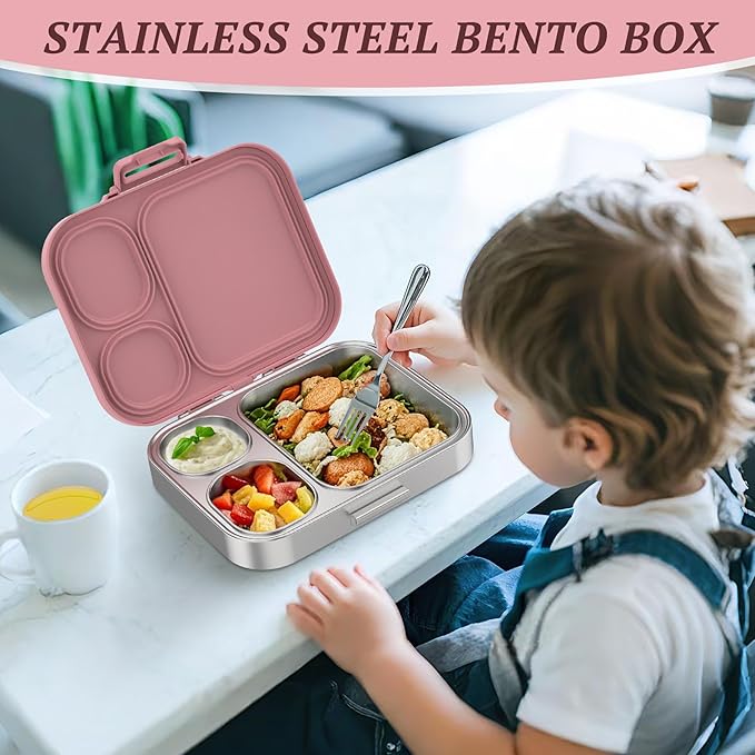 Stainless Steel Kid Lunch Box, Leak-Proof with free sealing Bento Box 3 Compartments Pink Girl