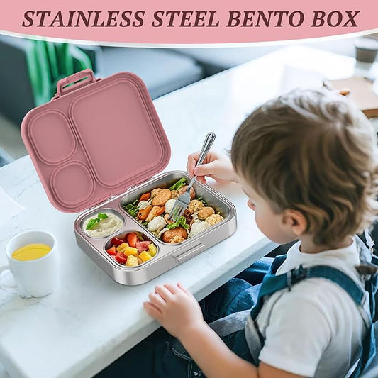 Stainless Steel Kid Lunch Box, Leak-Proof with free sealing Bento Box 3 Compartments Pink Girl