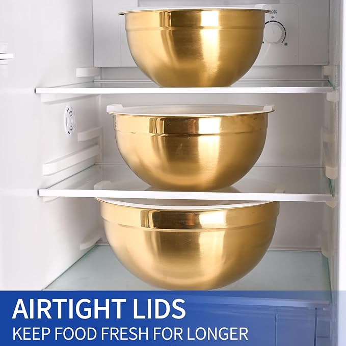 Gold Mixing Bowls With Airtight Lids,Stainless Steel Bowl,Salad Bowls 7 Piece Colorful Nesting Bowl Rainbow Kitchen Accessories,Size 7,3.6,2.7,2.1,1.5,1.1,0.8QT Stackable Design