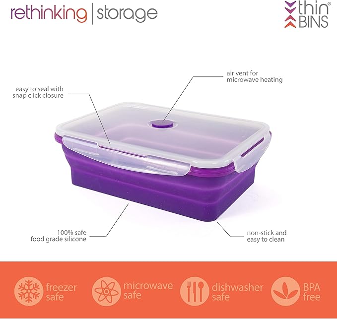 Thin Bins Collapsible Containers – Set of 2 Extra Large Rectangle Silicone Food Storage Containers – BPA Free, Microwave, Dishwasher and Freezer Safe