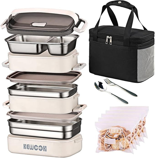 HEWOOH Large Bento Box Adult Lunch Box (74 Oz Large Capacity), Reusable, Including Lunch Bag, Fork And Spoon, 3 Dividers, Suitable For Work, Picnic, Dishwasher And Microwave Safe.(White)