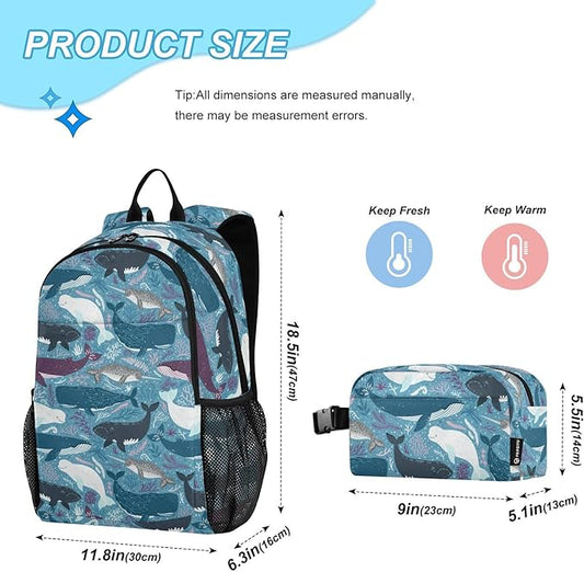 Marine Whales Kids Backpack for Girls Boys School Bookbag with Insulated Lunch Box for Elementary Students Middle School Teen Girls Backpacks