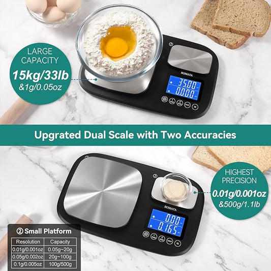 BOMATA 0.01g/500g & 1g/15kg Dual Platform Kitchen Scale with Two Precisions, Accumulation Function, Gram and Ounce, Digital Scale for Food, Baking, Yeast, Jewelry B614