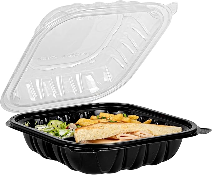 Restaurantware Thermo Tek 34 Ounce Clamshell Containers, 100 Disposable Take Out Boxes - 3 Compartments, Ventilated Lids, Black Plastic Meal Prep Containers, Microwavable, For Pasta Or Salads