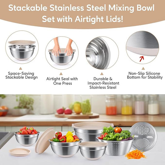 Stainless Steel Mixing Bowls with Lids - Nesting Bowl Set with Airtight Lids, Colander Bowl & Grater Plate for Kitchen Prep, Cooking, Baking, and Meal Prep (1.1QT to 6.1QT), Non-Slip, Khaki