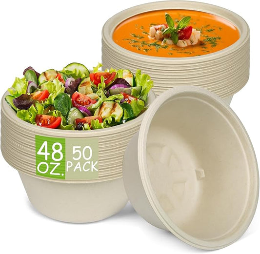 Paper Bowls, 100% Compostable Disposable Soup/Salad Bowls 48 Oz 50 Pack, PFAS-Free BPI Certified Eco-Friendly Hot/Cold Food Bowls, Natural Brown