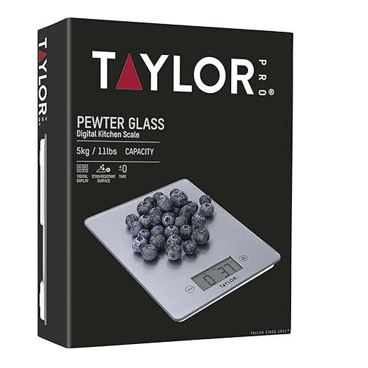 Taylor Pro Digital Kitchen Food Scales with Ultra Thin Design, Compact Professional Standard Tare Feature with Precision Accuracy, Pewter Glass, Weighs 5 kg Capacity