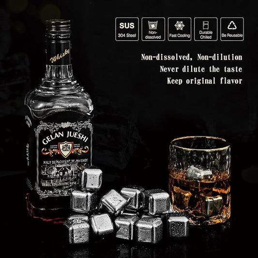 16 Pack Reusable Stainless Steel Ice Cubes for Drinks - Metal Whiskey Stones, High Cooling Technology, for Whiskey, Vodka, Liqueurs, Wine, Beverage Juice or Soda, Pack of 16