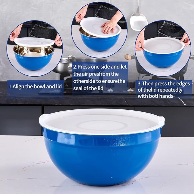 Blue Mixing Bowls With Airtight Lids,Stainless Steel Bowl,Salad Bowls 7 Piece Colorful Nesting Bowl Rainbow Kitchen Accessories,Size 7,3.6,2.7,2.1,1.5,1.1,0.8QT Stackable Design