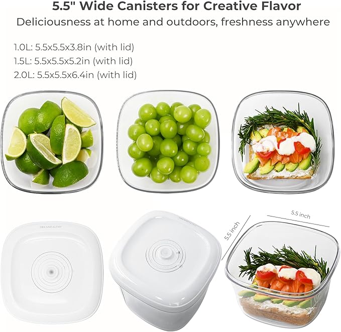 Auto Vacuum Seal Containers 1L+1.5L with Compact Handheld Vacuum Sealer, 2 Vacuum Zipper Bags, One-Touch Sealing, BPA Free Tritan, Airtight Food Storage Container with Lid also for Liquids