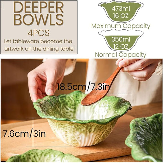 KXZ Green Ramen Noodle Bowls Microwavable 7 Inch, 16 Oz Ceramic Dinner Bowl Sets of 4 for Kitchen, Orcelain Silverware Set for Cereal, Soup, Serving, Rice, Pho, Salad, Pasta, Chip, Fruits, Vintage