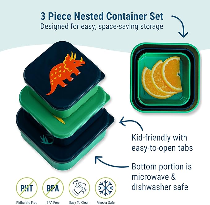 Wildkin Nesting Food Containers for Kids – Stackable, Airtight & Dishwasher Safe - Set of 3 - Jurassic Dinosaurs