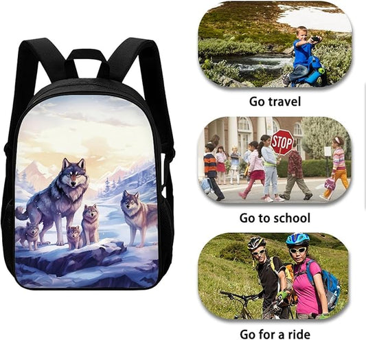 Dolyues Wolf Pattern Bookbag Backpacks Casual Daypack with Lunch Bag Pencil Case Set 3 Piece Backpack Set for Pre-School Girls & Boys Cool Kids 17" School Bag