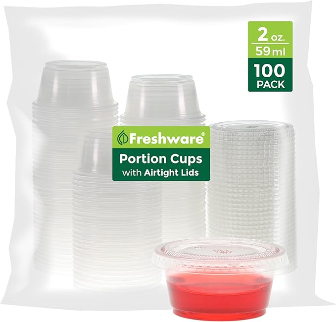 Freshware Plastic Portion Cups with Lids [2 Ounce, 100 Set] Disposable Plastic Cups for Meal Prep, Salad Dressing, Jellos Shot Cups, Souffle Cups, Condiment and Dipping Sauce Cups