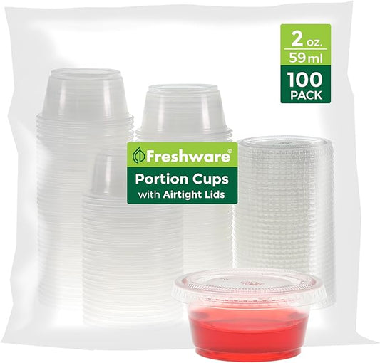 Freshware Plastic Portion Cups with Lids [2 Ounce, 100 Set] Disposable Plastic Cups for Meal Prep, Salad Dressing, Jellos Shot Cups, Souffle Cups, Condiment and Dipping Sauce Cups