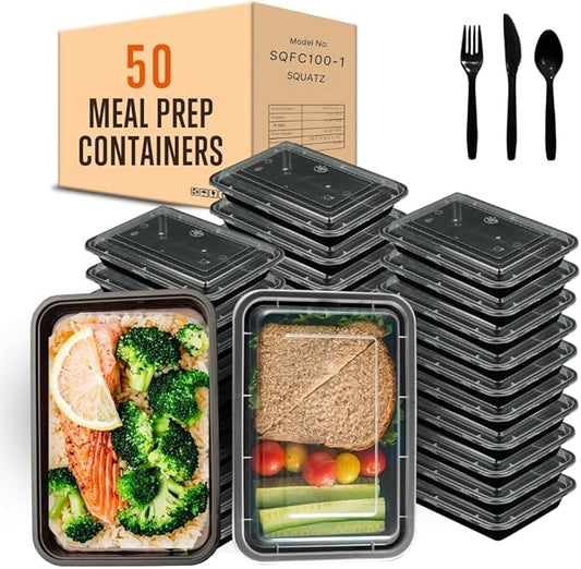 SQUATZ 50 Meal Prep Containers with Lids for Adults - 33oz, Microwave Safe, Reusable Food Storage, Freezer Safe, Leak-Free Lunch Container - Includes Utensils