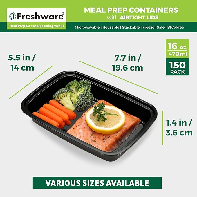 Freshware Meal Prep Containers [150 Pack] 1 Compartment with Lids, Food Storage Containers, Bento Box, BPA Free, Stackable, Microwave/Dishwasher/Freezer Safe (16 oz),Black