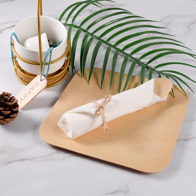 Pre Rolled Napkin and Bamboo Cutlery Set - 50Pack Bamboo Utensils/Compostable Cutlery(50 Forks, 50 Knives, 50 Spoons, 50 Napkins), Biodegradable Wrapped Cutlery for Party, Wedding, Events